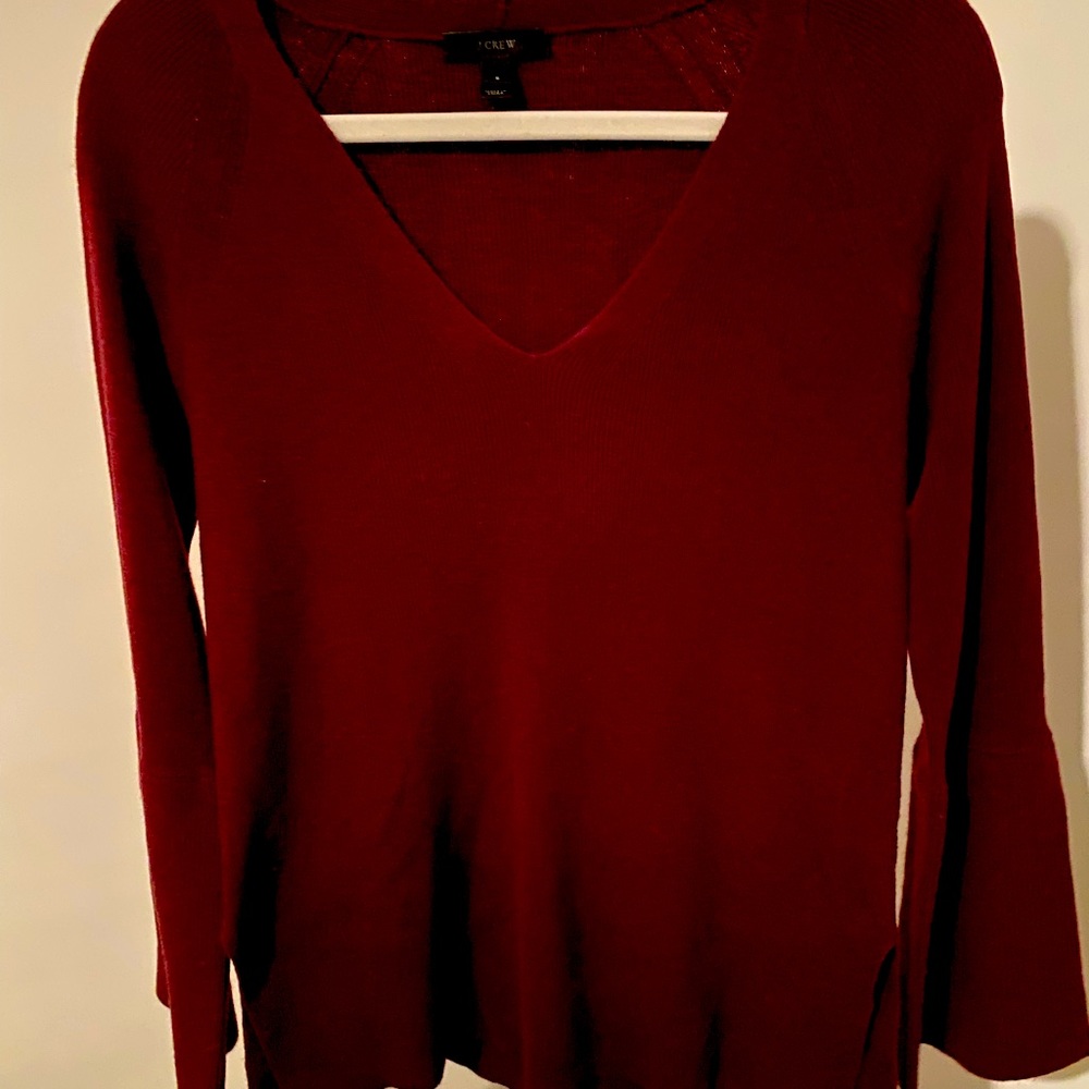 J . Crew Peplum Bell Sleeve V-Neck Wool Blend Sweater - Sz S - Cabernet Red - Picture 4 of 8